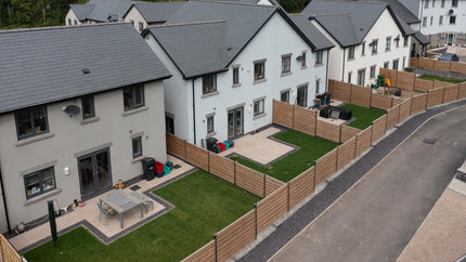 Image of the PAR homes project showcasing DuraPost composite VENTO fencing with Anthracite grey steel fence posts 